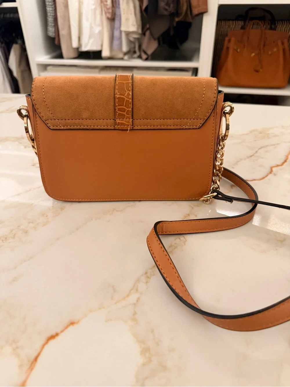 Tan faux Leather and Suede Crossbody Bag with Gold Hardware